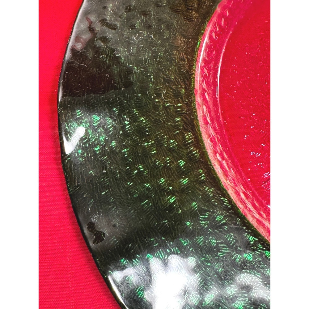 Vintage Emerald Ribbon 13" Glass Charger Plate Green Ruffled Rim Hand Painted - Picture 3 of 5